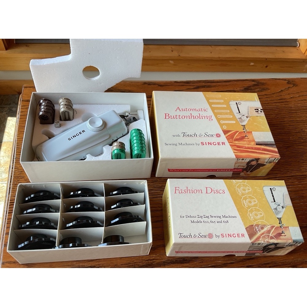 Vintage Singer Touch & Sew Accessories Lot Of 2 Buttonholer & Fashion Discs Box